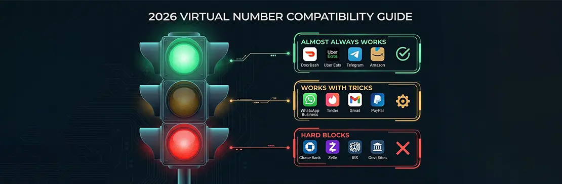 Chart showing which apps accept virtual phone numbers including WhatsApp, Tinder, and Banks.