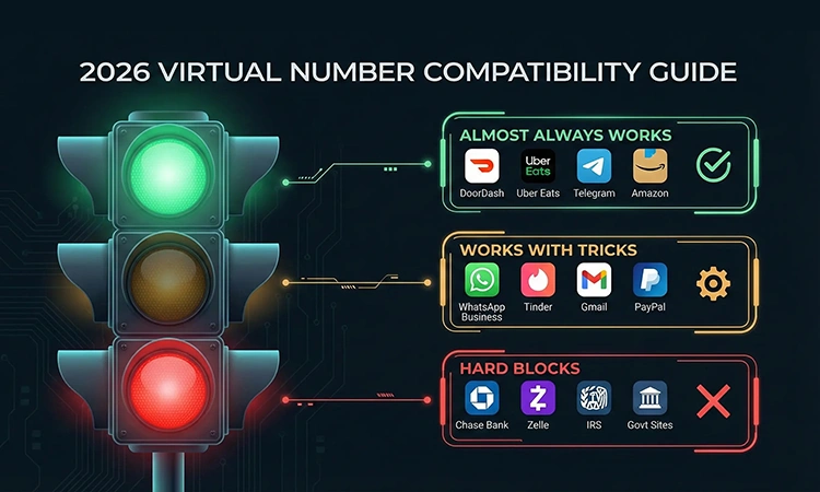 Chart showing which apps accept virtual phone numbers including WhatsApp, Tinder, and Banks.